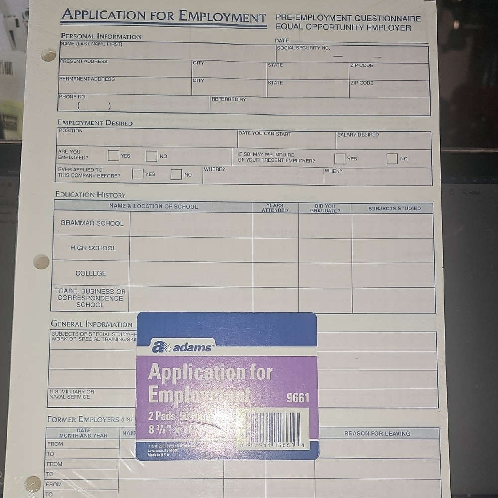Adams NWT Application for Employment Forms – 2 Pack- 50 Sheets Per PAD